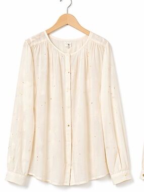 Des Petits Hauts White Solid Button Front Blouse Round Neck Long Sleeve XL